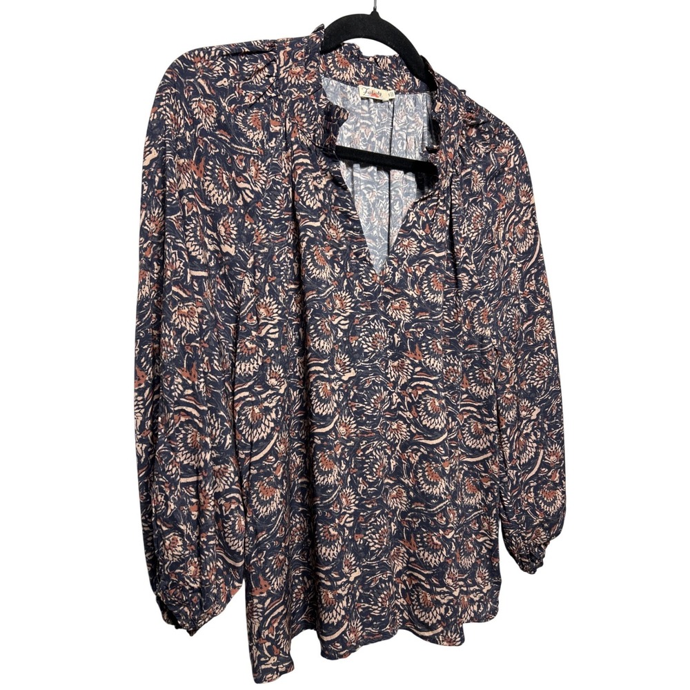 Faherty Portia Ruffle Neck Puff Sleeve Top‎ Navy Brown Size Small Retail $138